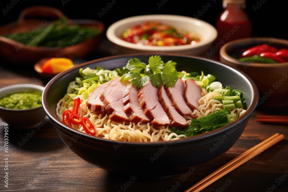 a bowl of ramen with sliced meat and veggies a bowl of ramen with sliced meat and veggies