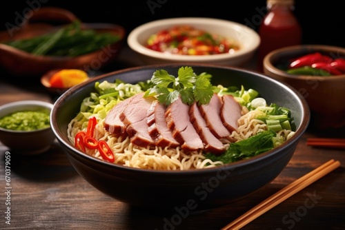 a bowl of ramen with sliced meat and veggies
