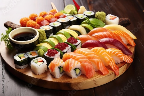 a platter of assorted sushi with wasabi and soy