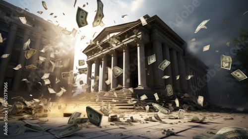 A bank building with bank notes collapsing down. Economic, banking, and fiat money crisis concept photo