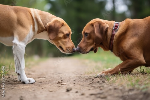 two dogs with different sizes sniffing each other