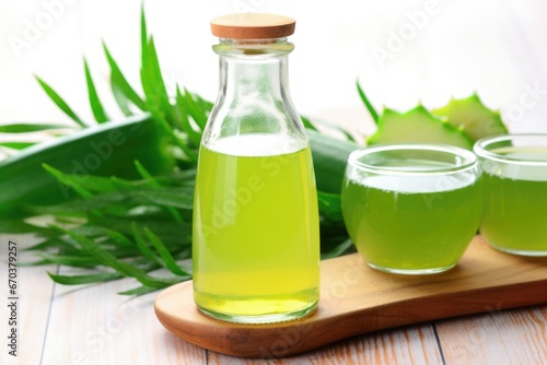 closeup of aloe vera juice in a bottle with plant pieces in foreground