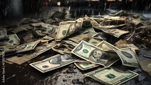 Money bills on wet street and are left dirty, dusty, and old as fiat money has no value. Hyperinflation, currencies collapse, economic and financial crisis concept photo