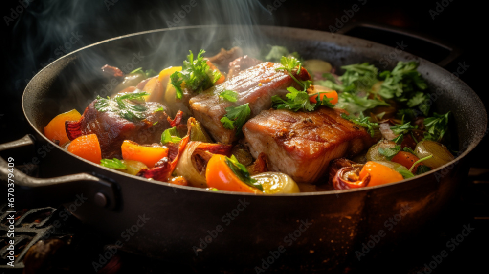 Pork belly and vegetable stew, Steaming hot, Close-up on the ingredients