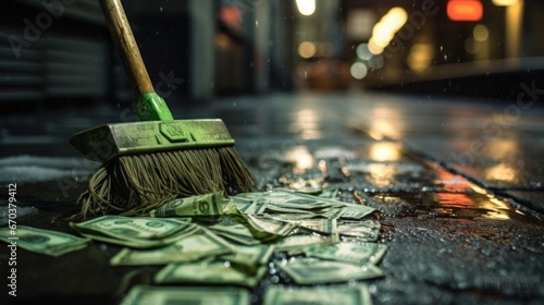 Money bills on the street and are left dirty, dusty, old, and being cleaned up as fiat money has no value. Hyperinflation, currencies collapse, economic and financial crisis concept photo