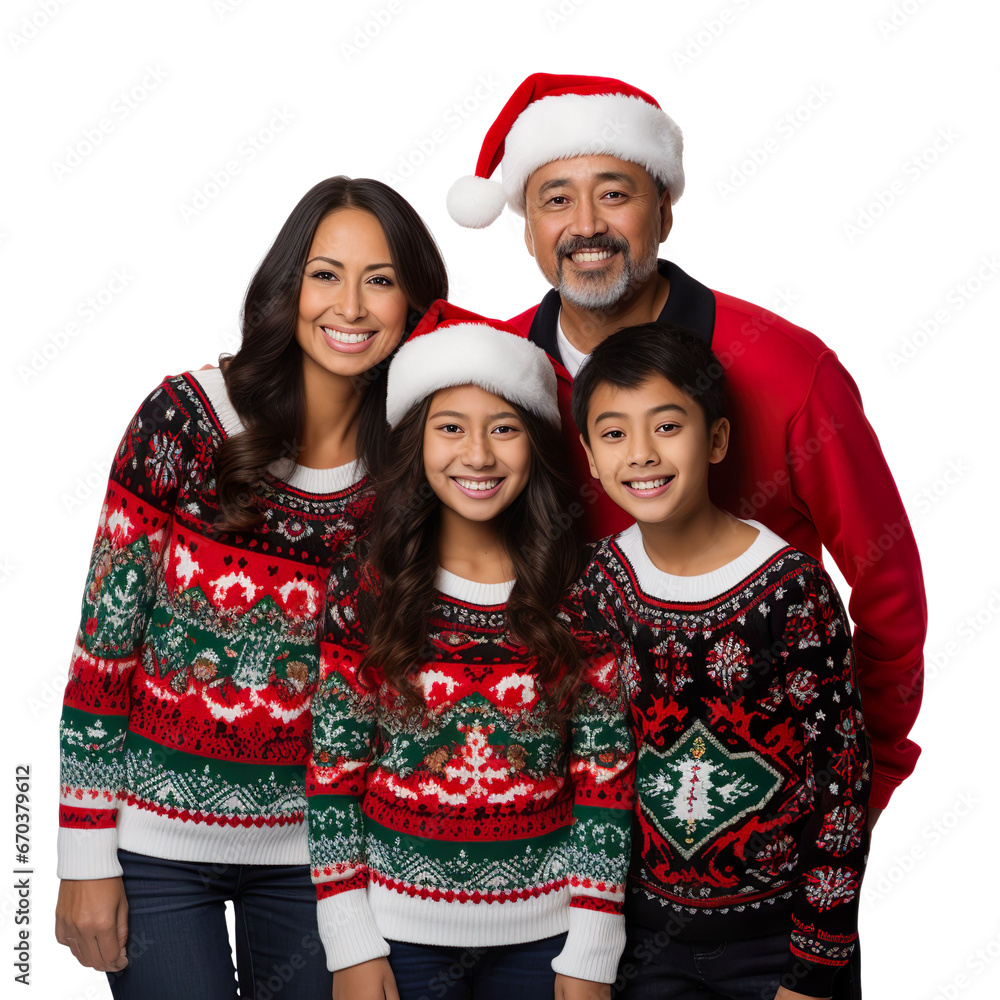 asian family in a Santa cap hat and a Christmas sweater isolated on a white transparent background asian family in a Santa cap hat and a Christmas sweater isolated on a white transparent background