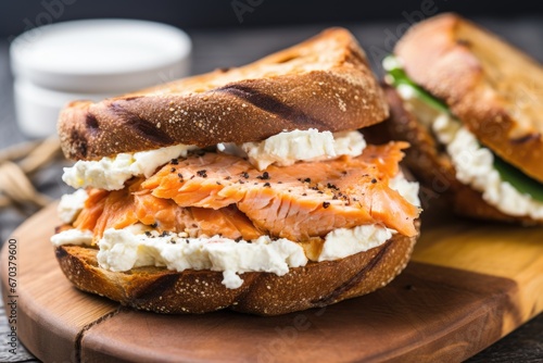 close-up of salmon on a bagel with cream cheese