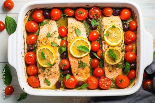 overhead shot of baked salmon with cherry tomatoes