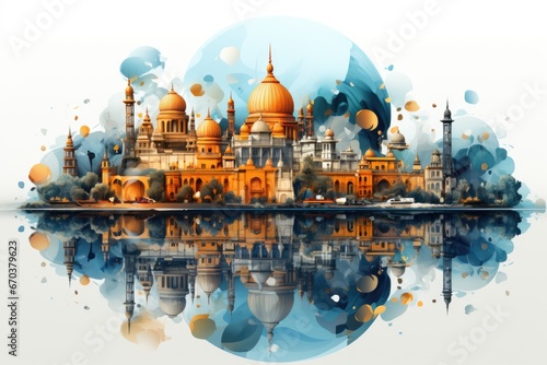 Taj mahal along with other famous indian monuments digital art illustration isolated
