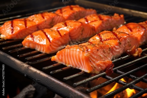 hot grill with salmon fillets basted in apple cider bbq sauce