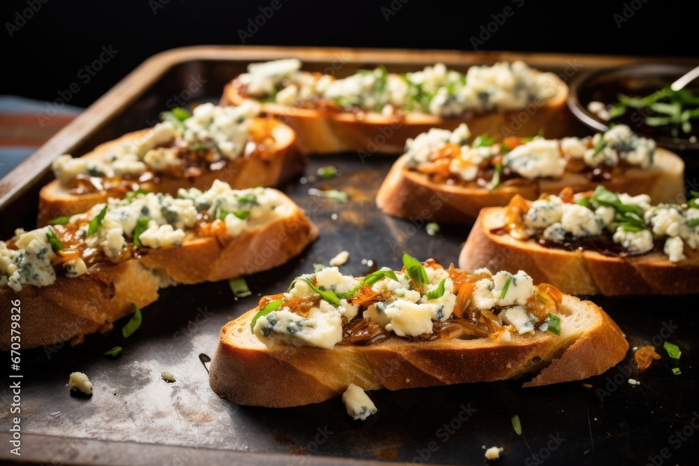freshly baked bruschetta with blue cheese out of oven freshly baked bruschetta with blue cheese out of oven