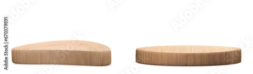 3D wooden podiums set isolated on white background. Vector realistic illustration of natural wood platforms for cosmetic products presentation, round and abstract shape stage, dish for serving sushi