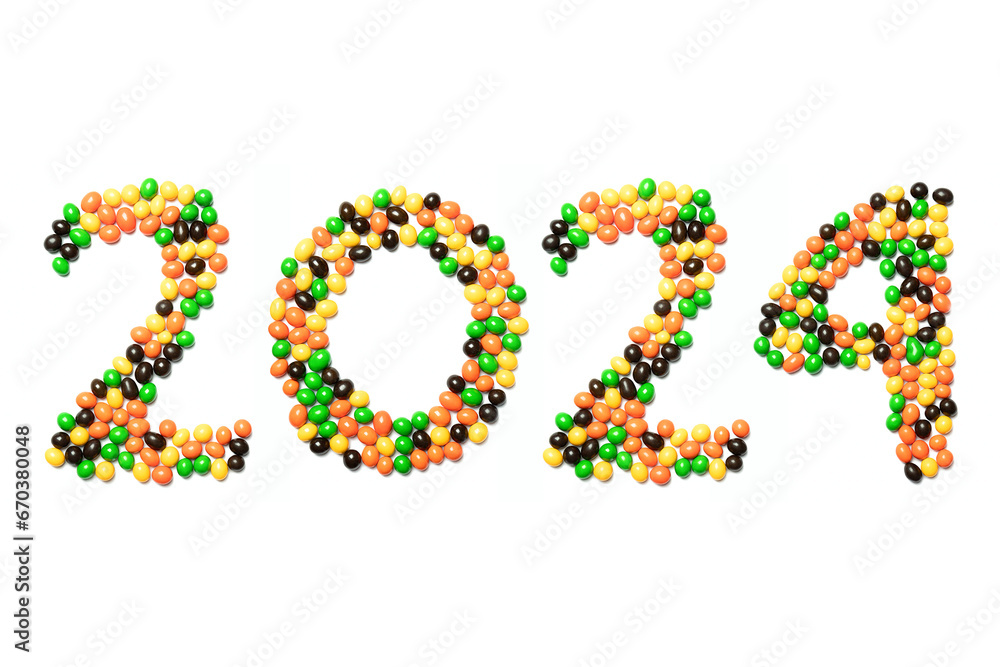 Calendar header number 2024 made of multi-colored candies on a white background. Happy New Year 2024 colorful background.