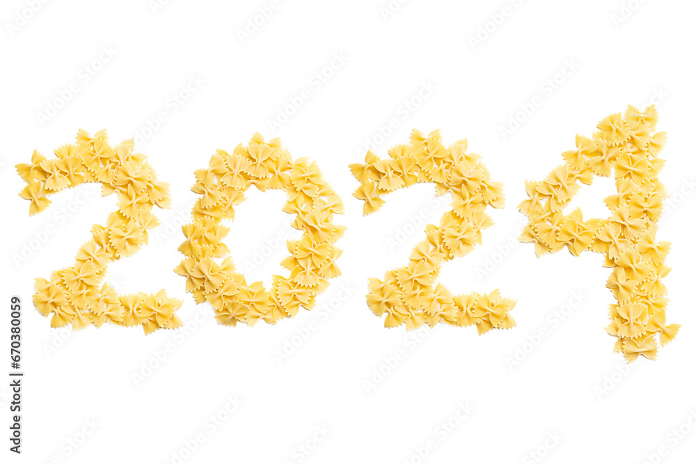 Calendar header number 2024 made of pasta on a white background. Happy New Year 2024 colorful background. Calendar header number 2024 made of pasta on a white background. Happy New Year 2024 colorful background.