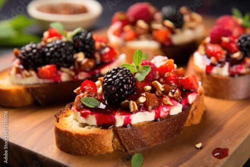 toasted bruschetta slices topped with several kinds of berries