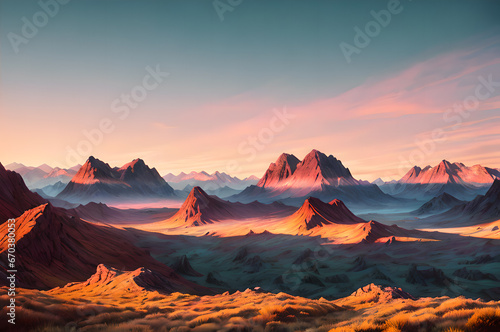  Desert mountains landscape, sunset over the mountains and river, atmospheric and epic nature, Generative AI © LIUBOMYR