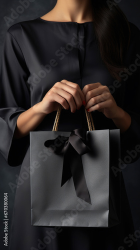 Closeup of woman hand holding shopping bag, online shopping, Black friday sale concept, dark background.