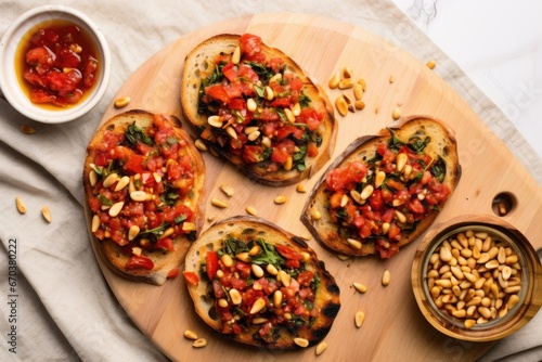 overhead shot of whole bruschettas, toasted and laden with pine nuts