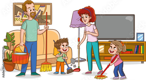 Family cleaning house. Cartoon illustration of family cleaning house vector