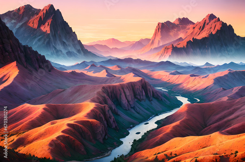  Desert mountains landscape, sunset over the mountains and river, atmospheric and epic nature, Generative AI