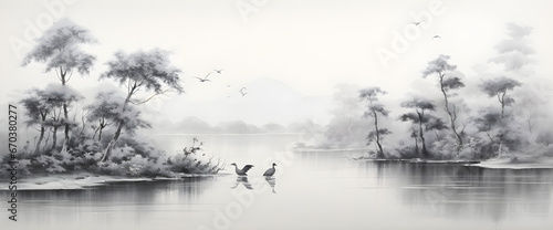 wallpaper vintage chinese landscape drawing of lake with birds trees and fog in black and white design for wallpaper, wall art, print, fresco, mural