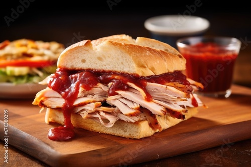 wide-shot of a smoked turkey sandwich with bbq sauce