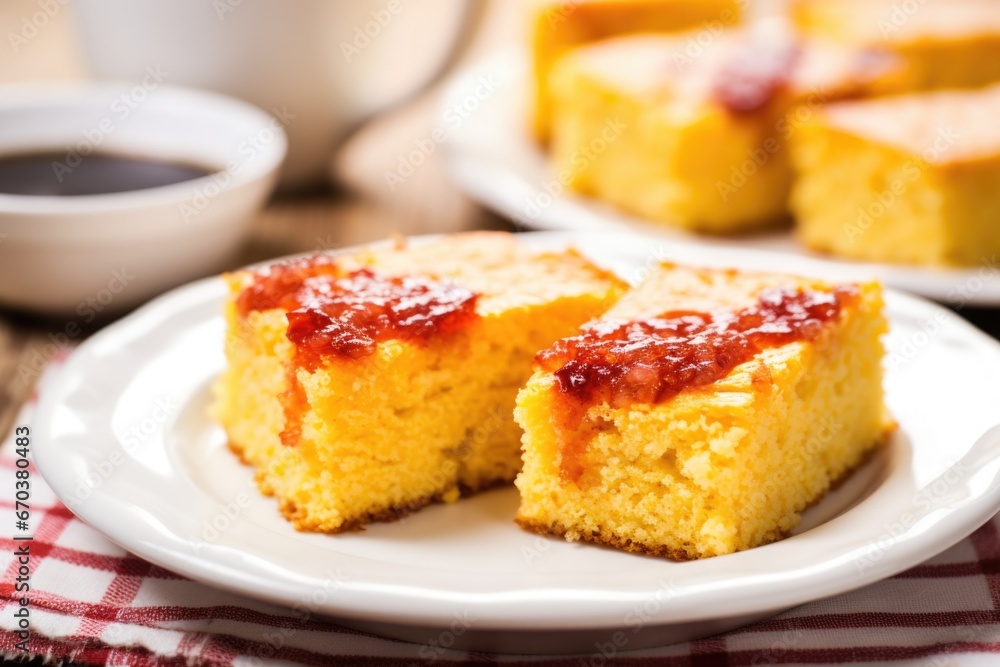 bbq cornbread slices on a white plate bbq cornbread slices on a white plate