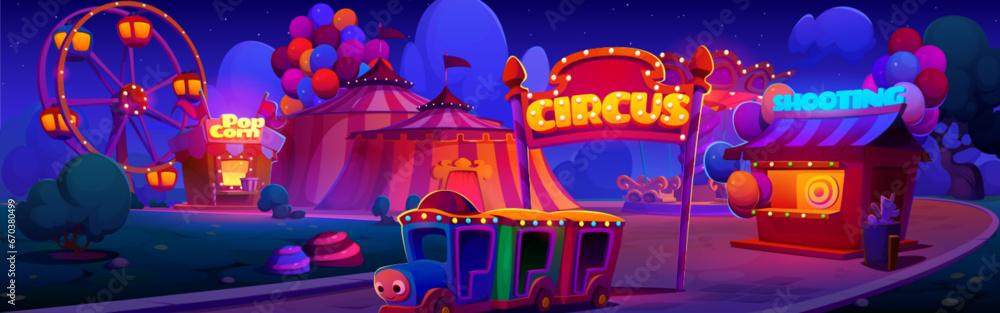 Amusement park with bright neon lights at night. Cartoon evening illustration of carnival or funfair landscape with circus tent, ferris wheel, children train and carousel, popcorn and shooting kiosk. - obrazy, fototapety, plakaty 