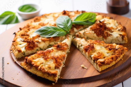 cauliflower pizza with slice removed on a wooden board