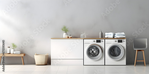 washing machines in a clean organized neat utility laundry room or washing service room interior front view shot as wide banner mockup design with copy space area photo