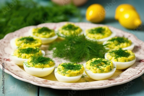 a plate of deviled eggs garnished with parsley