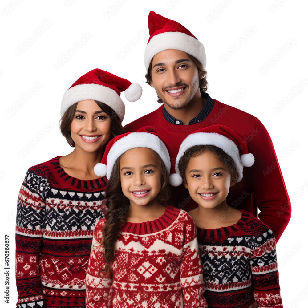 latin family in a Santa cap hat and a Christmas sweater isolated on a white transparent background latin family in a Santa cap hat and a Christmas sweater isolated on a white transparent background