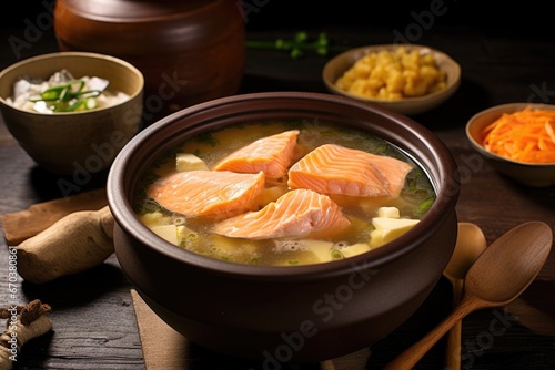 salmon miso soup photographed next to fresh salmon pieces