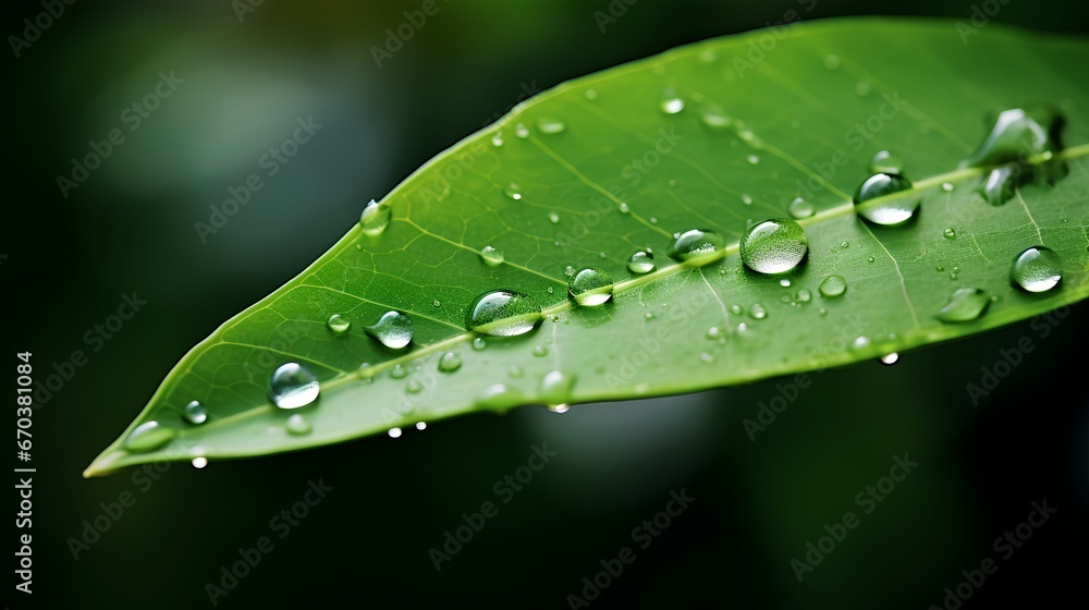 A vibrant green leaf with crystal clear water droplet. The lush greenery as sustainability and ecological balance of nature. Essence of environmental preservation and the beauty of our natural world.