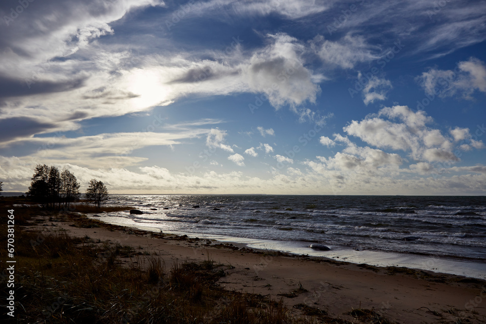 Beautiful view on the sea with clouds on the horizon, selective focus