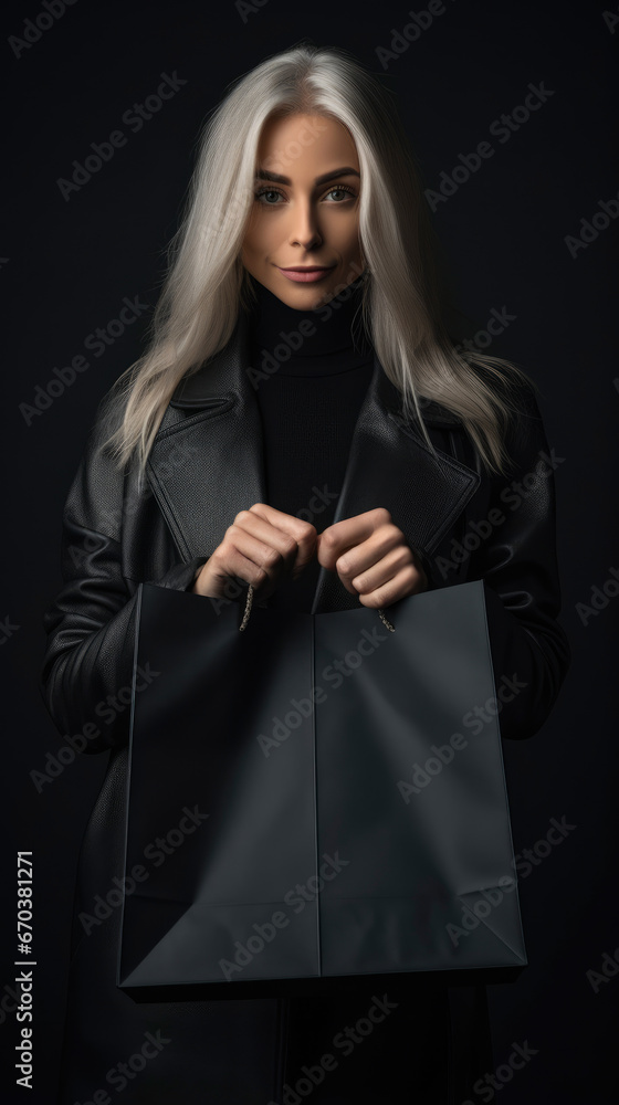 Beautiful woman holding black shopping bag isolated on dark background in black friday Beautiful woman holding black shopping bag isolated on dark background in black friday