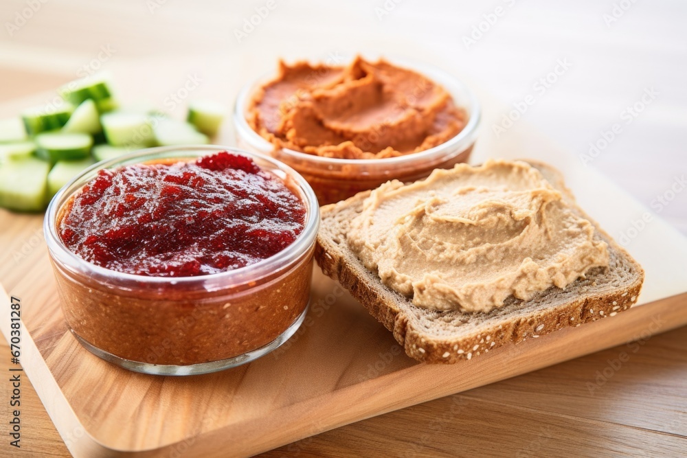 Obraz premium two pieces of sprouted grain bread with variety of spreads