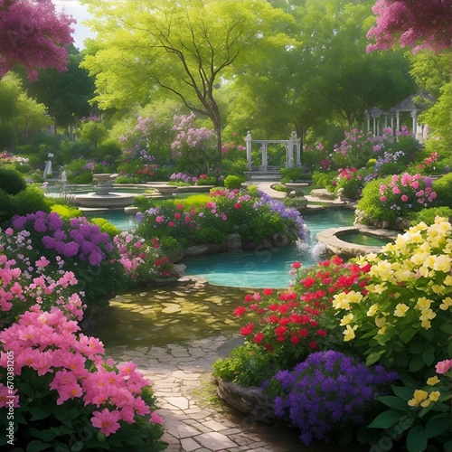 beautiful garden view with various flowers  AI generated.