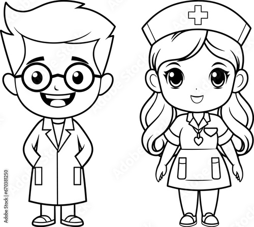doctor and nurse cute cartoon children coloring book outline vector