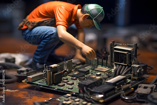 close up of The technician repairing the computer, computer hardware, repairing, upgrade and technology. miniature model diorama