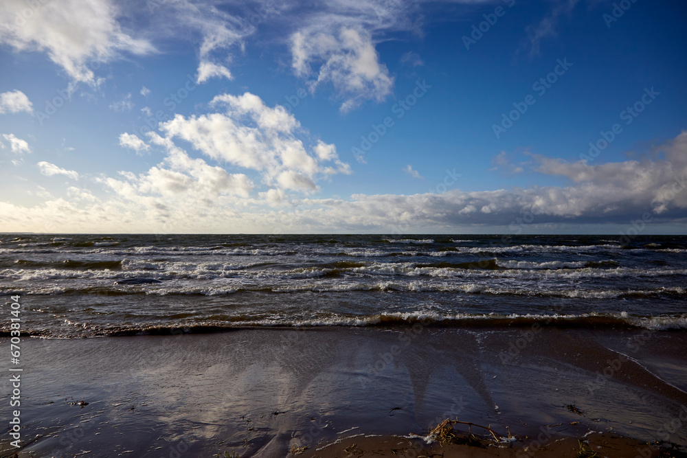 Fototapeta premium Beautiful view on the sea with clouds on the horizon, selective focus
