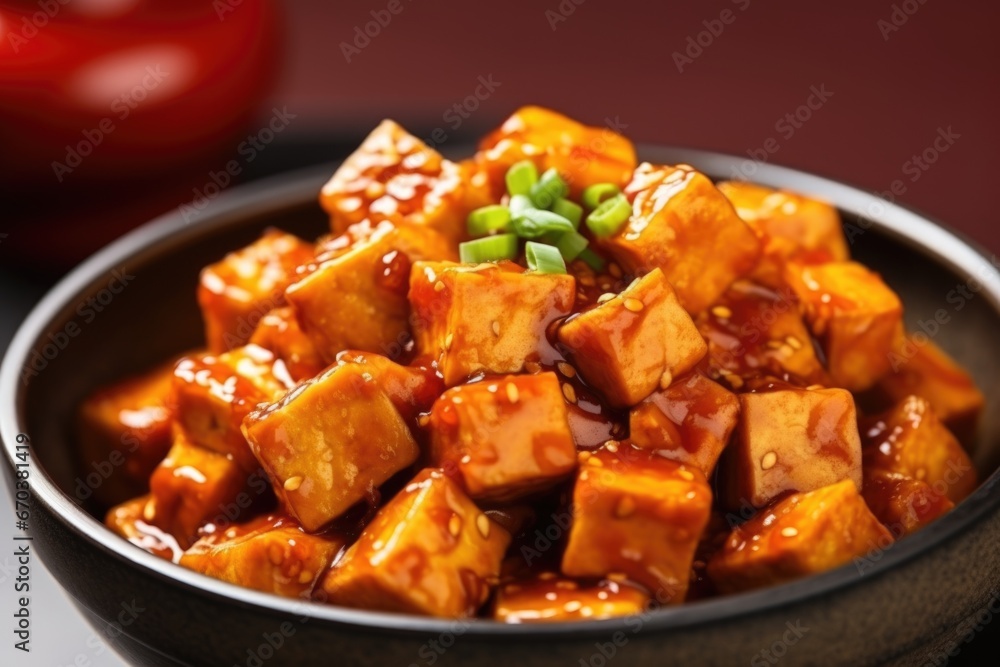 close-up of tofu cubes in spicy sauce close-up of tofu cubes in spicy sauce