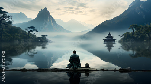 Meditation of a Zen / Buddhist Monk, surrounded by a traditional japanese landscape, atmospheric and moody landscape, pensive stillness within a mystic landscape.