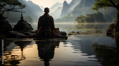 Meditation of a Zen / Buddhist Monk, surrounded by a traditional japanese landscape, atmospheric and moody landscape, pensive stillness within a mystic landscape. © martesign
