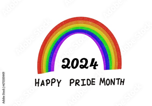 Drawing rainbow with handwritten words " Happy Pride Month 2024" Concept, welcome lgbt new year coming celebration. symbol of LGBT community around the world.Support human right of gender diversity.