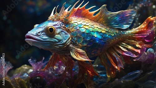 Fantasy fish, vibrant, iridescent scales shimmering in a rainbow of colors