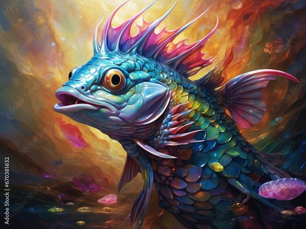 Fantasy fish, vibrant, iridescent scales shimmering in a rainbow of colors