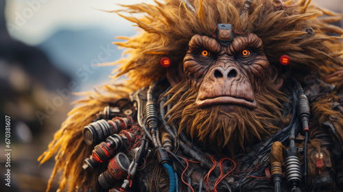SuperHero - Old ape man with beard and glowing eyes with futuristic sci-fi equipment. photo
