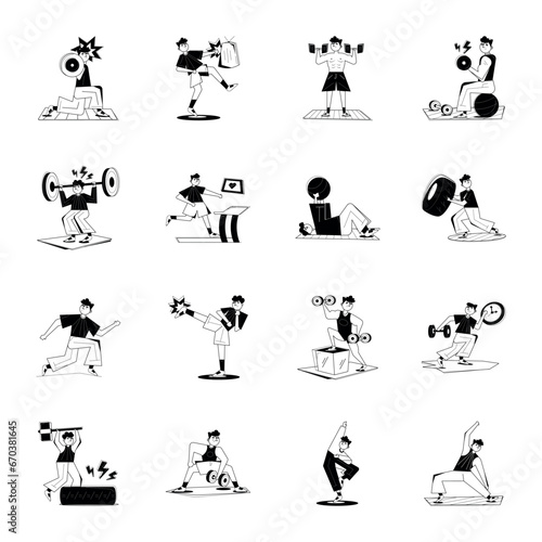 Trendy Fitness Glyph Illustrations