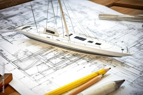 draft blueprints of catamaran on drafting table